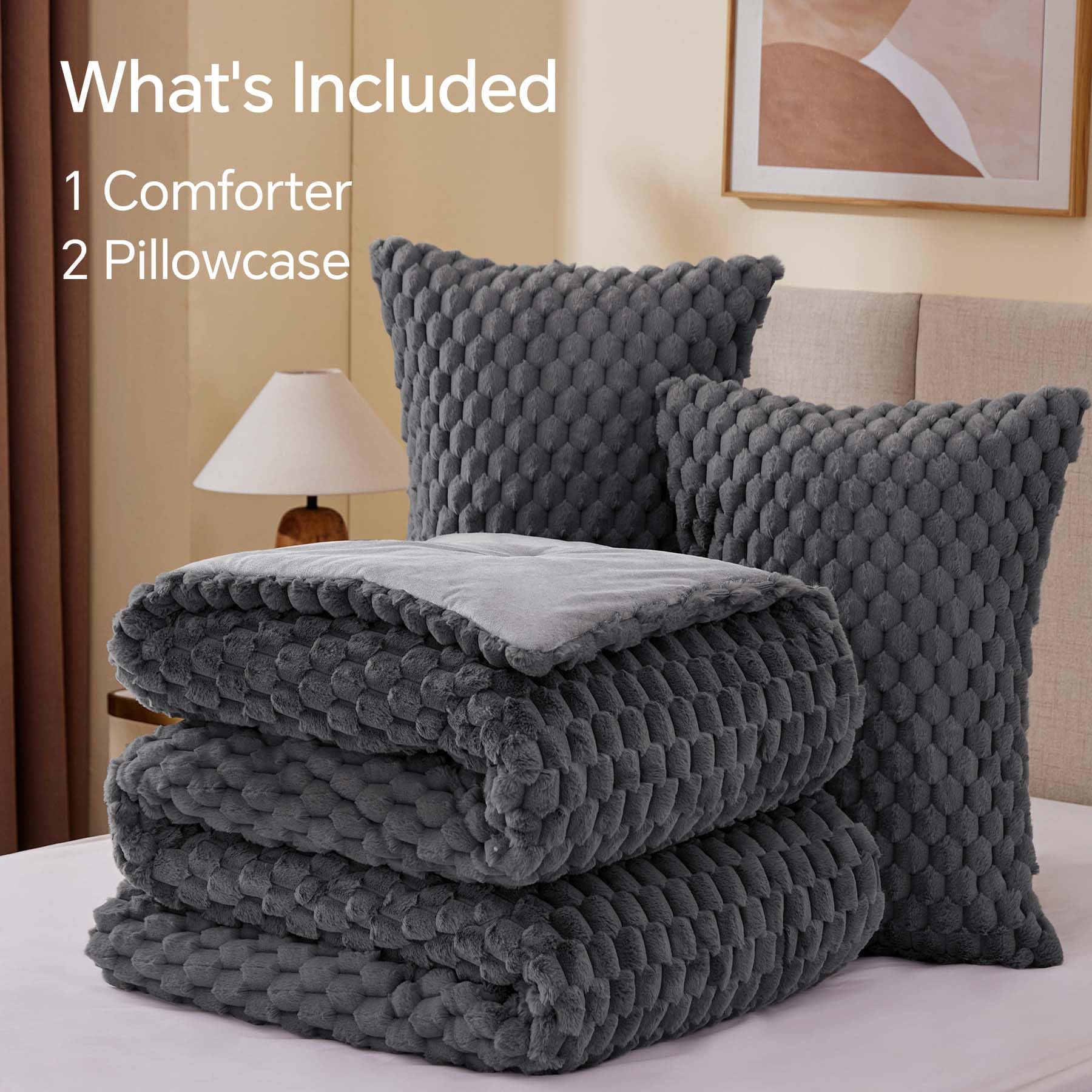 BEDELITE Fluffy Queen Comforter Set - Grey Fleece Soft Comforter for Queen Size Bed, Luxury Warm Bedding Set for Winter, Fuzzy Bed Set 3 Pieces (1 Comforter, 2 Pillowcases)