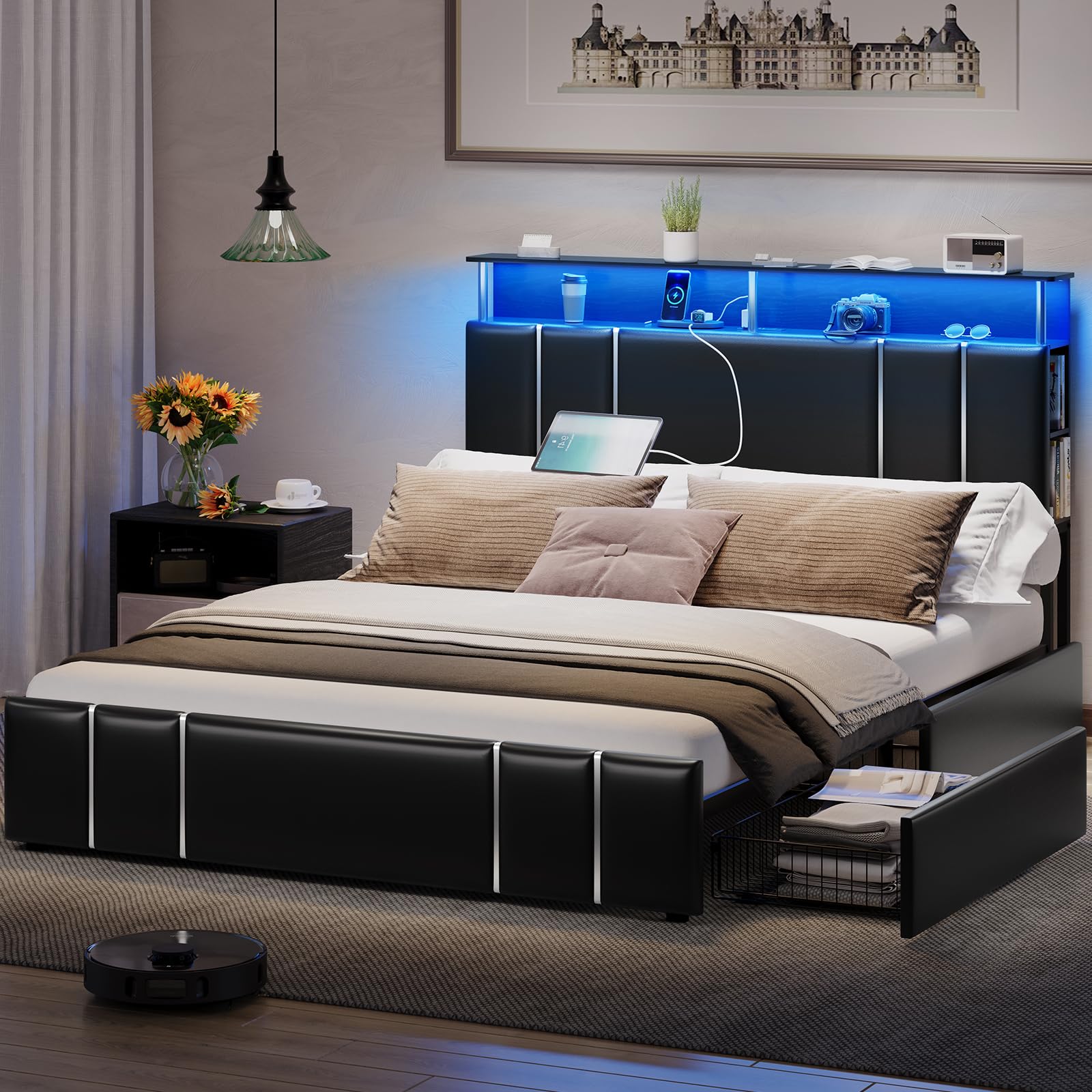 Bed Frame Full Size with Bookcase Headboard and 4 Storage Drawers, Leather