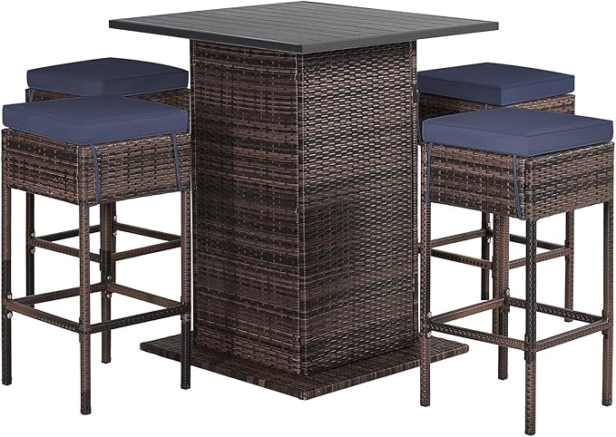 5-Piece Outdoor Bar Set, Wicker Rattan Bar Height Patio Set w/4 Cushion Bar Stools