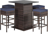 5-Piece Outdoor Bar Set, Wicker Rattan Bar Height Patio Set w/4 Cushion Bar Stools