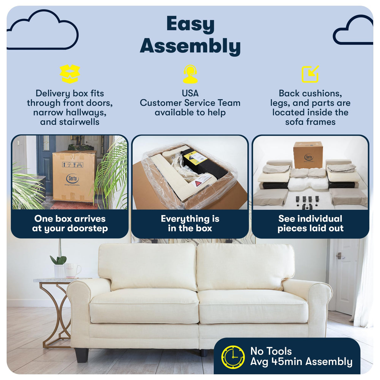 Serta Copenhagen 61" Rolled Arm Sofa, Easy Care Polyester, Soft Pillow Back, Pocket Coil Seat Cushions, Removable Covers, Loveseat or Couch for Small Spaces, Living Rooms or Bedrooms, Light Gray