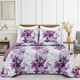 Floral Quilt Set Queen Size,3 Pieces Purple and White Summer Botanical