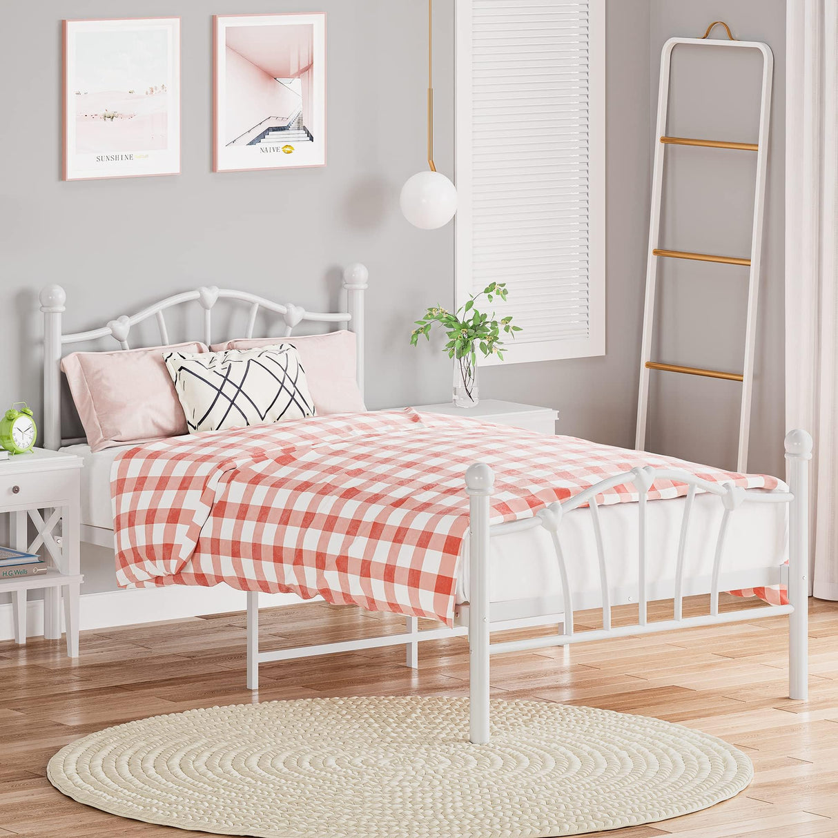 IDEALHOUSE White Twin Bed Frame for Kids,Twin Bed Frame with Heart Shaped Headboard and Tailboard,Heavy Metal Slat Support,Noiseless,White