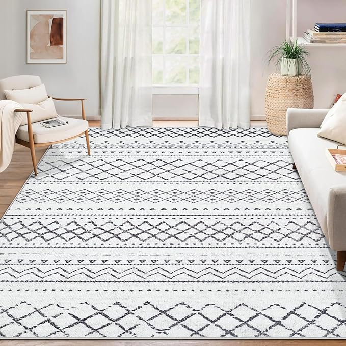 Area Rug for Living Room 9x12: Large Washable Boho Moroccan Rugs Geometric Neutral Rug