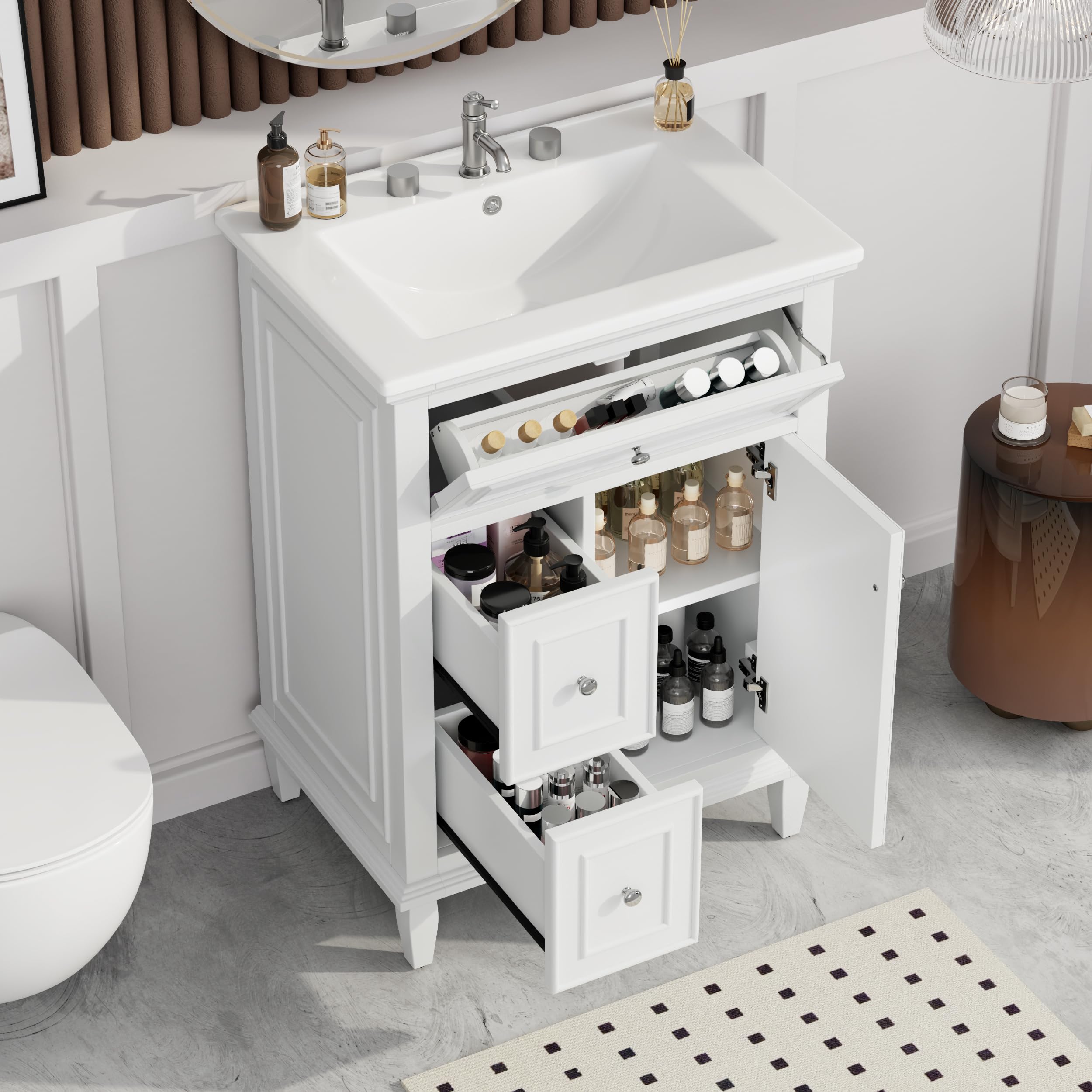 24" Bathroom Vanities with Undermount Sink, Storage Cabinet with Tip-Out Drawer