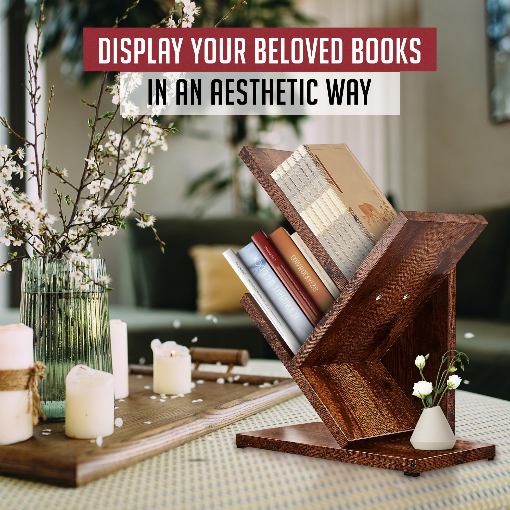 3-Tier Small Tree Bookshelf - Narrow Wooden Floor Standing Bookcase for Small Spaces - Modern Book Shelf Organizer for Bedroom, Living Room, Home Office, Corner, Thin Rustic Brown Bookshelves