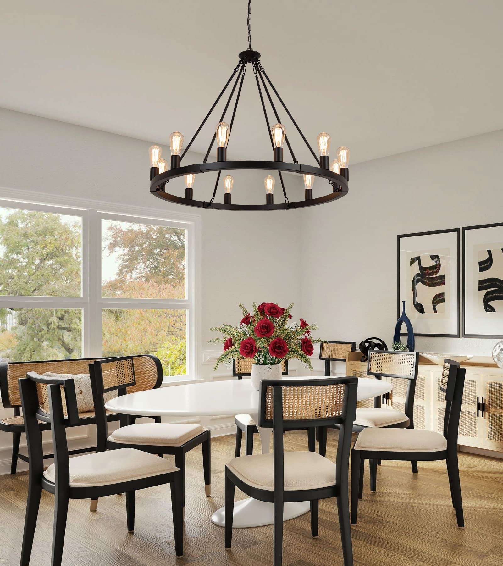 Large Farmhouse Wagon Wheel Chandelier,Black Industrial Round 12 Lights Dining Room