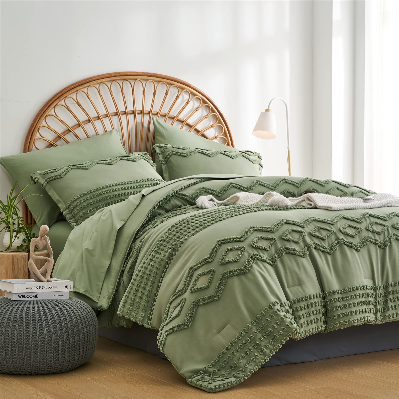 Sage Green Tufted Comforter Set Queen - 7 Piece Bed in a Bag