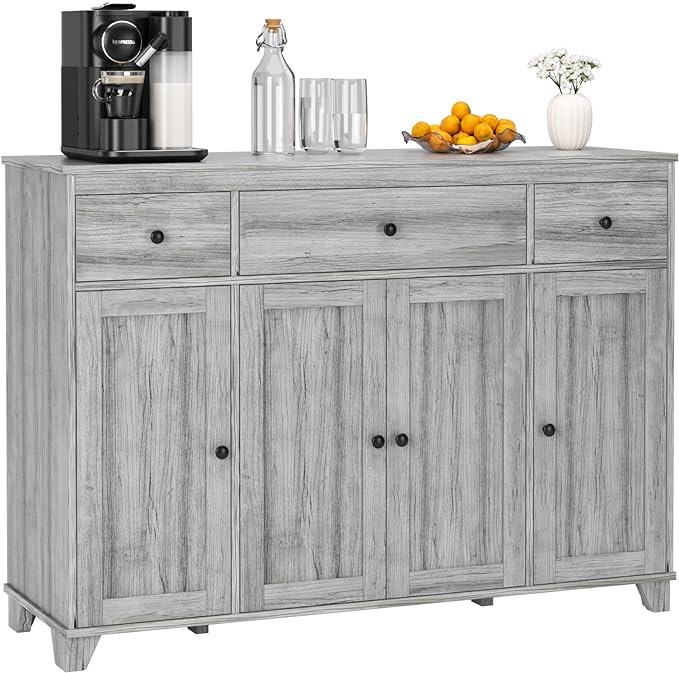 Buffet Cabinet White Sideboard Storage Cabinet with 3 Drawers & 4 Doors Adjustable Shelves