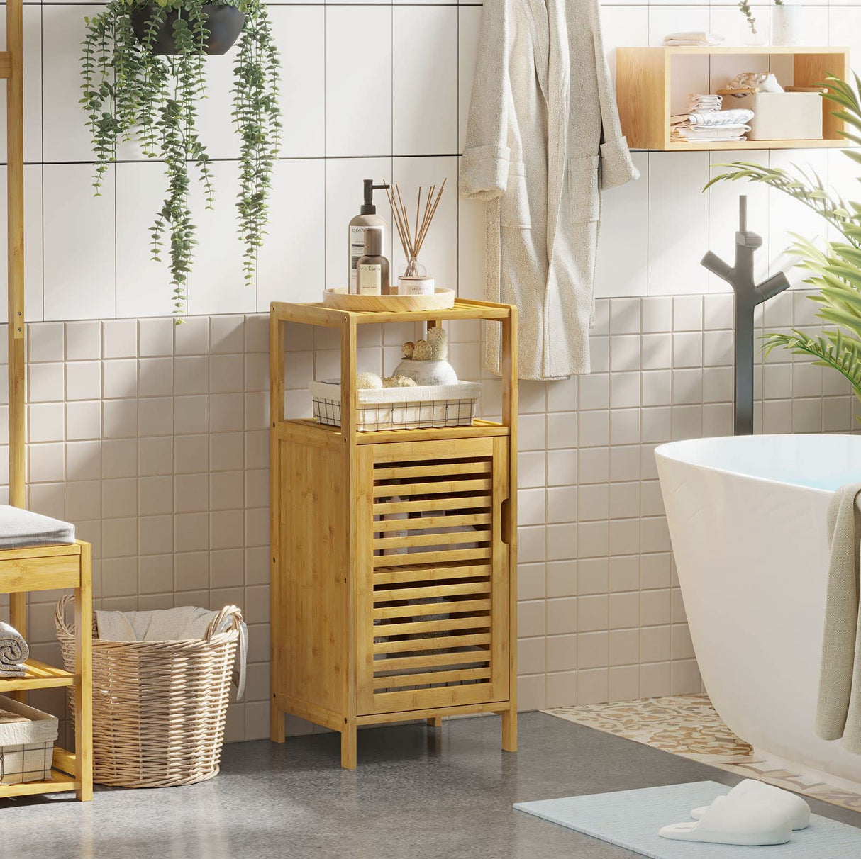 Bamboo Cabinet, Bathroom Storage Cabinet with Single Door and Shelf, Freestanding Bathroom Cabinet,