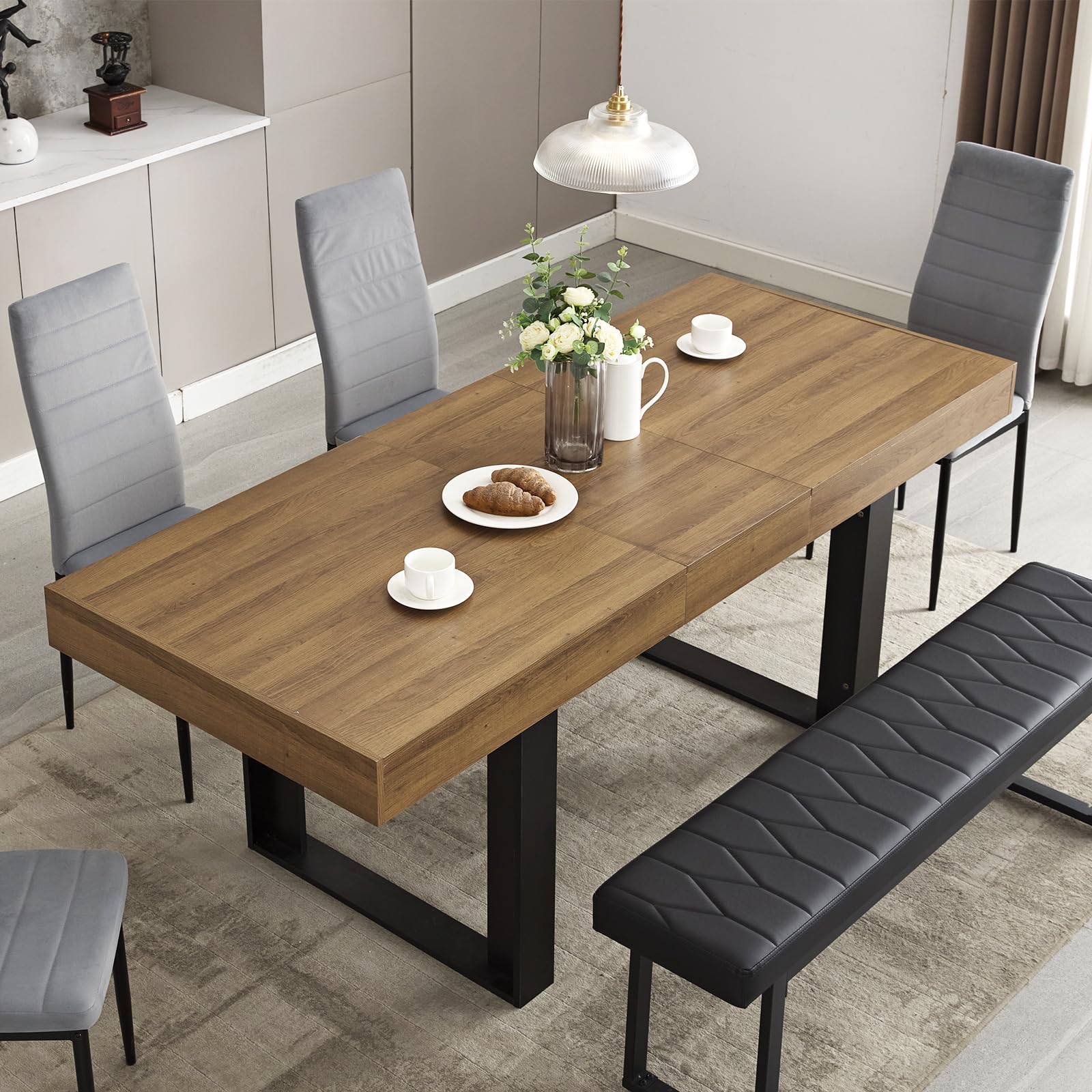 63-79 Inch Extendable Dining Table - Modern Farmhouse Wooden Kitchen Table