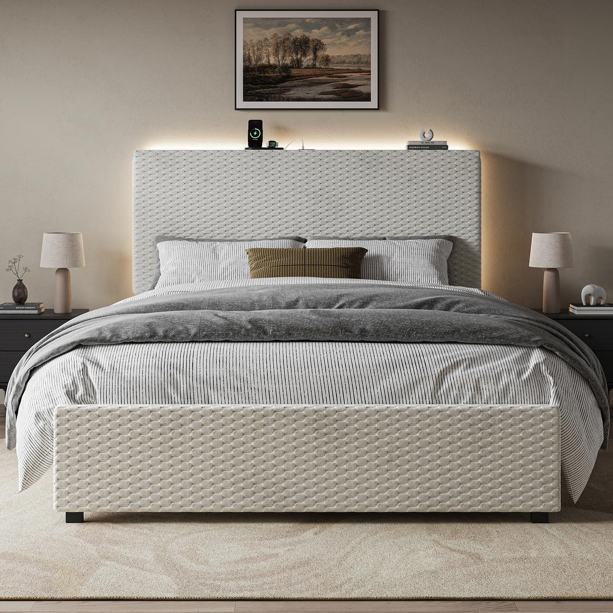 Queen Upholstered Bed Frame with Storage Headboard & LED Lights - White