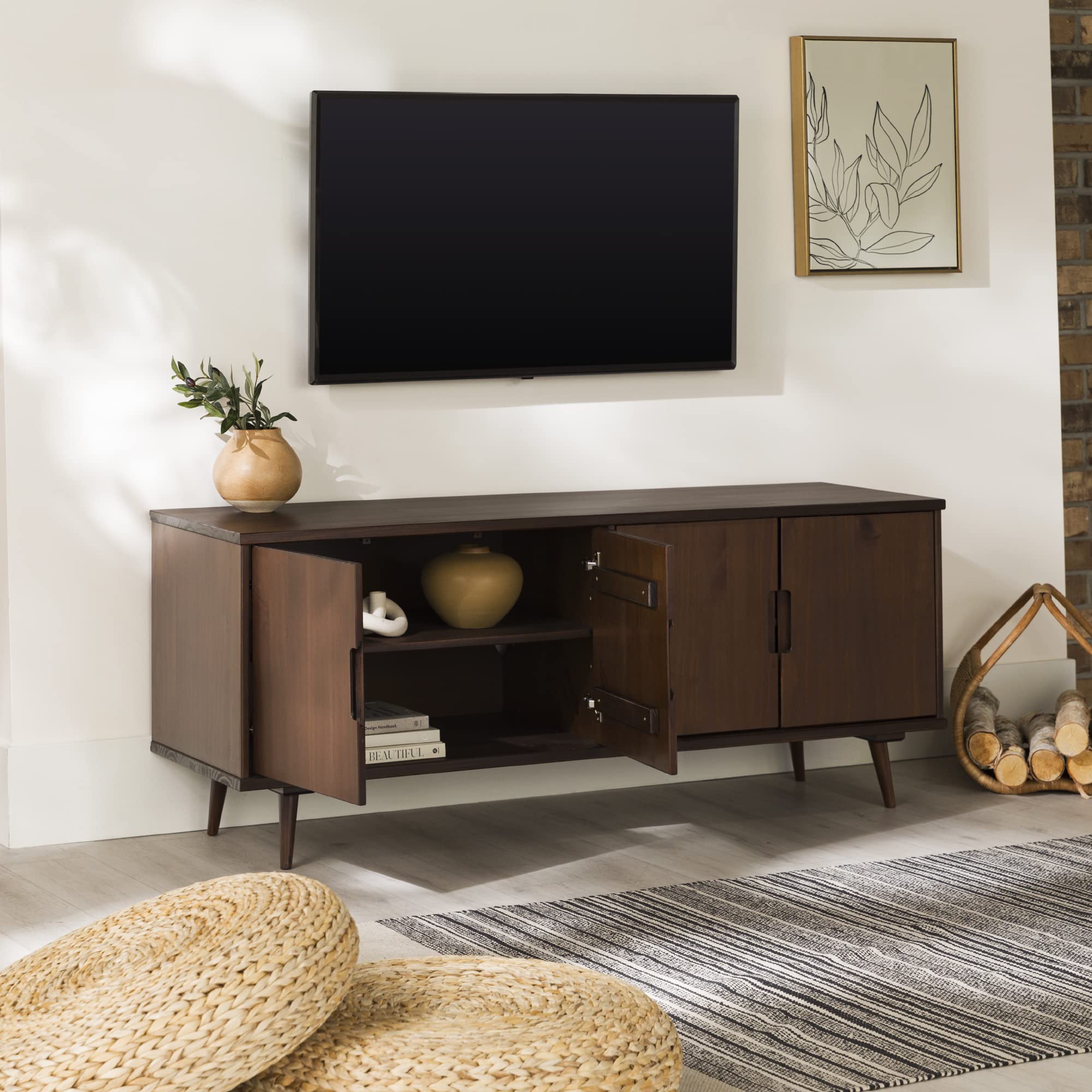 Genia Mid-Century Modern Solid Wood Stand for TVs up to 65 Inches, Walnut