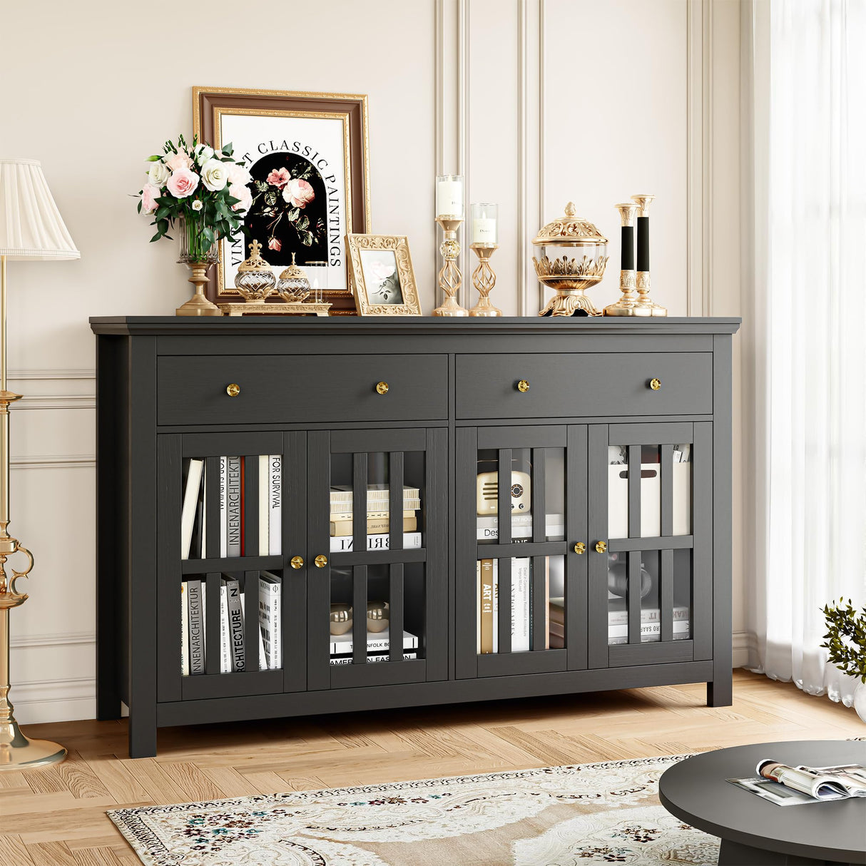 Black Buffet Cabinet with Storage, 55.1" Large Kitchen Cabinet Sideboard Cabinet