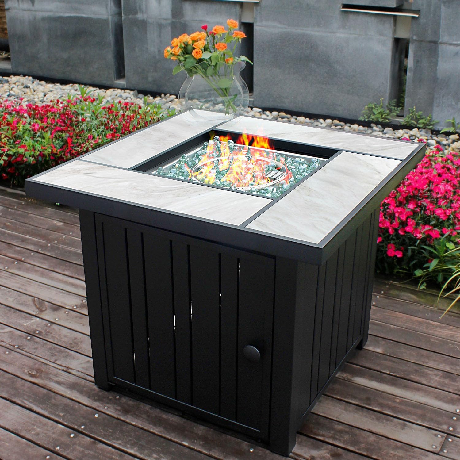OutVue 30" Propane Fire Pit with Real Ceramic Tabletop, 50000 BTU Gas Firepit Table with Lid & Glass Rock, Outdoor Fire Pit for Dining or Party, Firepit for Outside, Patio, Garden, Yard