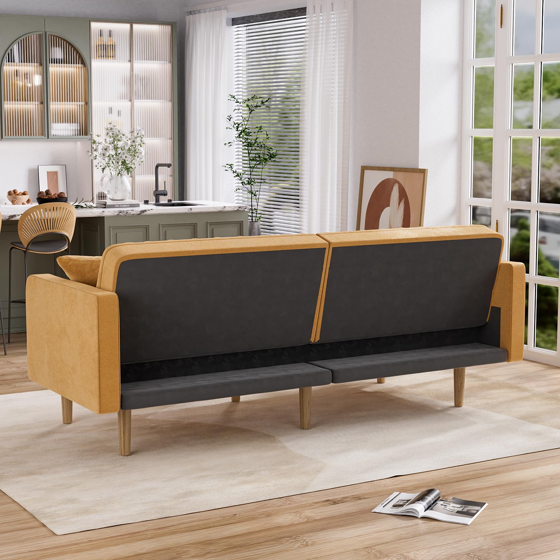 Futon Sofa Bed, Small Couch Mid Century Modern Loveseat with 2 Pillows, 75" W Convertible Futon