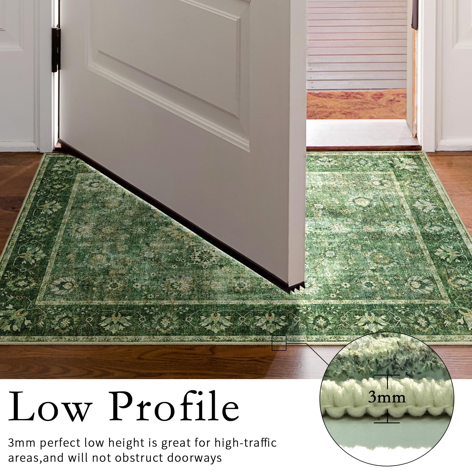 COLORPAPA Green Area Rug 3x5, Washable Rug for Living Room Bedroom Kitchen Entryway, Boho Throw Rug Low-Pile, Floral Distressed Carpet Non-Slip
