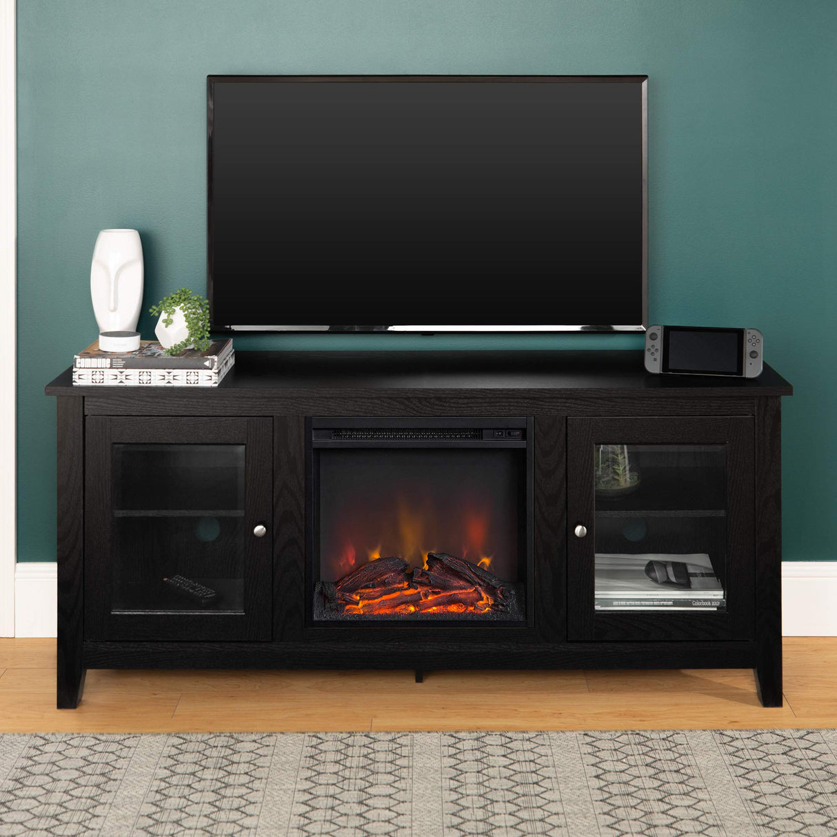 Rustic Wood and Glass Fireplace TV Stand for TV's up to 64" Flat Screen Living Room