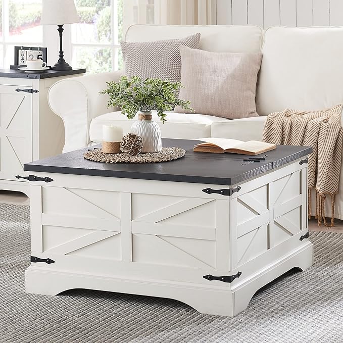 Farmhouse Coffee Table, Square Wood Center Table with Large Hidden Storage Compartment for Living Room,