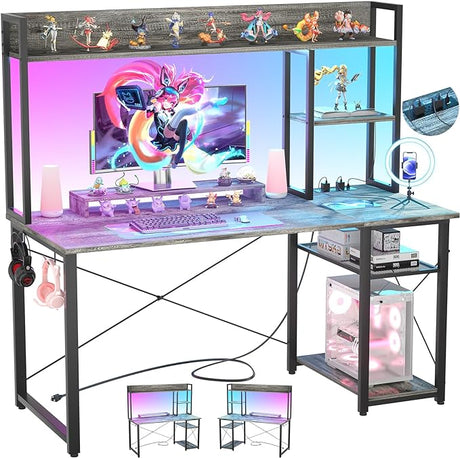 Gaming Desk with Hutch, 47'' Computer Desk with LED Lights & Power Outlets,