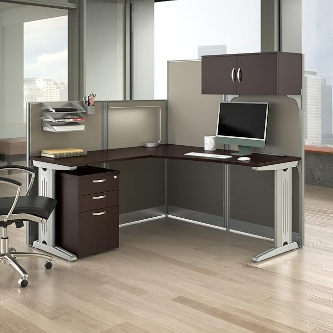 Office in an Hour L Shaped Cubicle Desk with Storage, Drawers