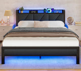 Queen Size Upholstered Bed Frame with LED Lights and Charging Station