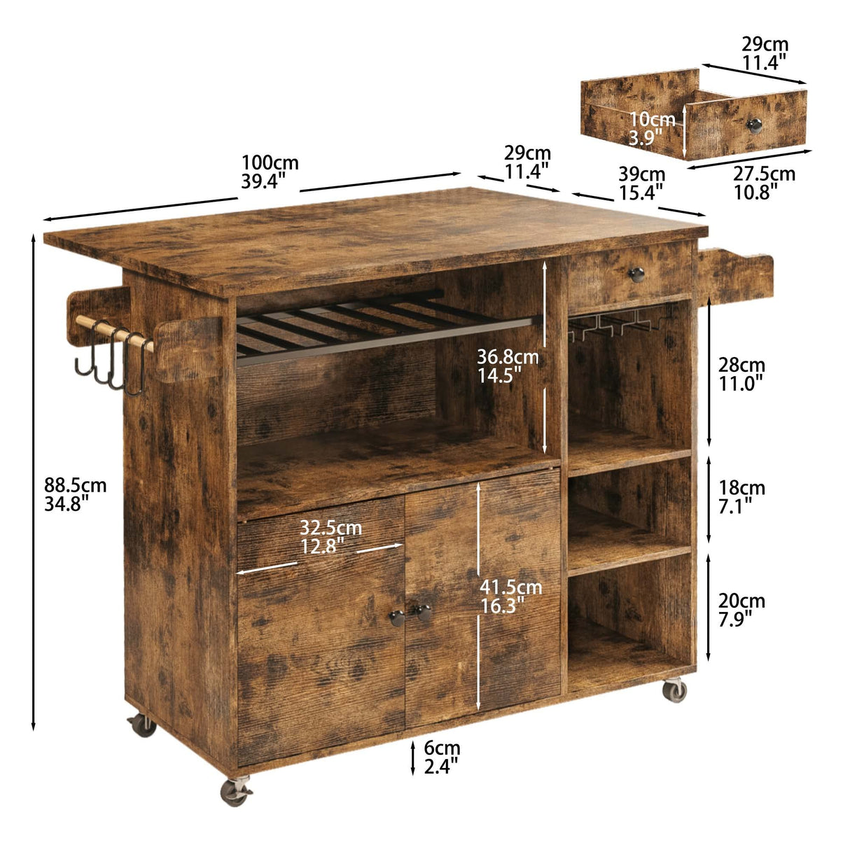 Rolling Kitchen Island Cart with Drop-Leaf and Wine Rack