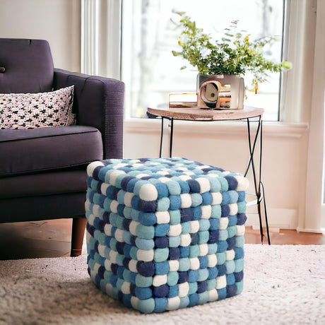 Multi Colored Cube Felt Ball Ottoman Pouf 15 Inches for Living Room, Bedroom