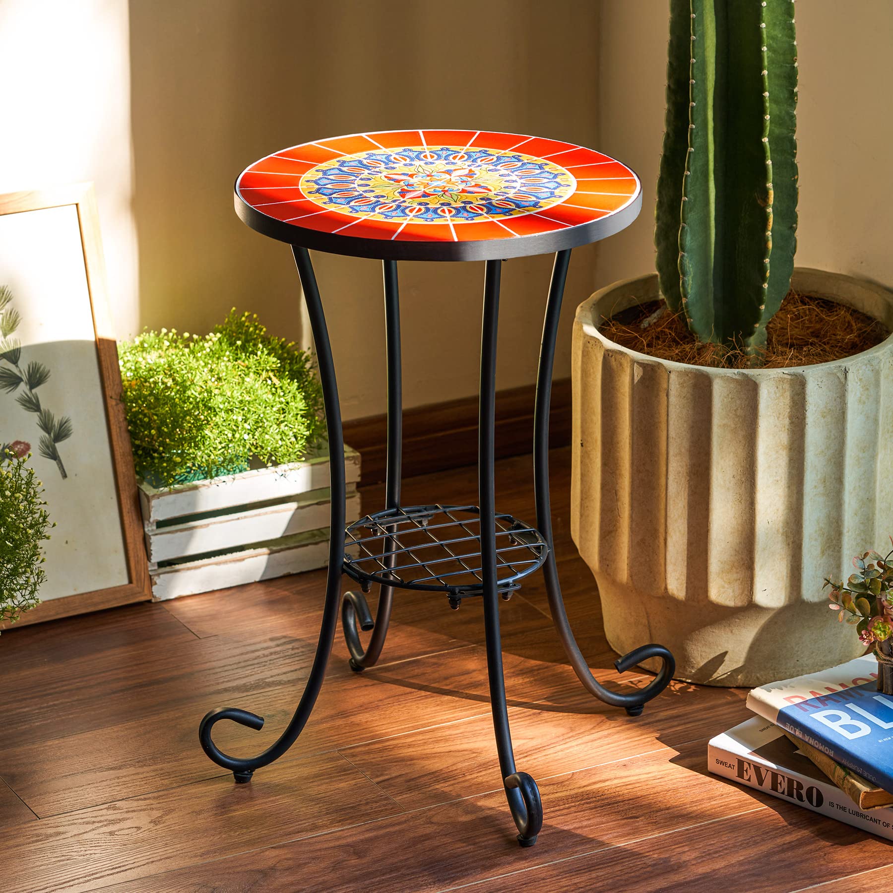 VONLUCE Patio Side Table and Plant Stand, 21" End Table with 14" Ceramic Tile Top for Porch Garden Decor, Indoor and Outdoor Mosaic Table, Living Room Bedroom Balcony Furniture for Home & Garden, Red - Bircata