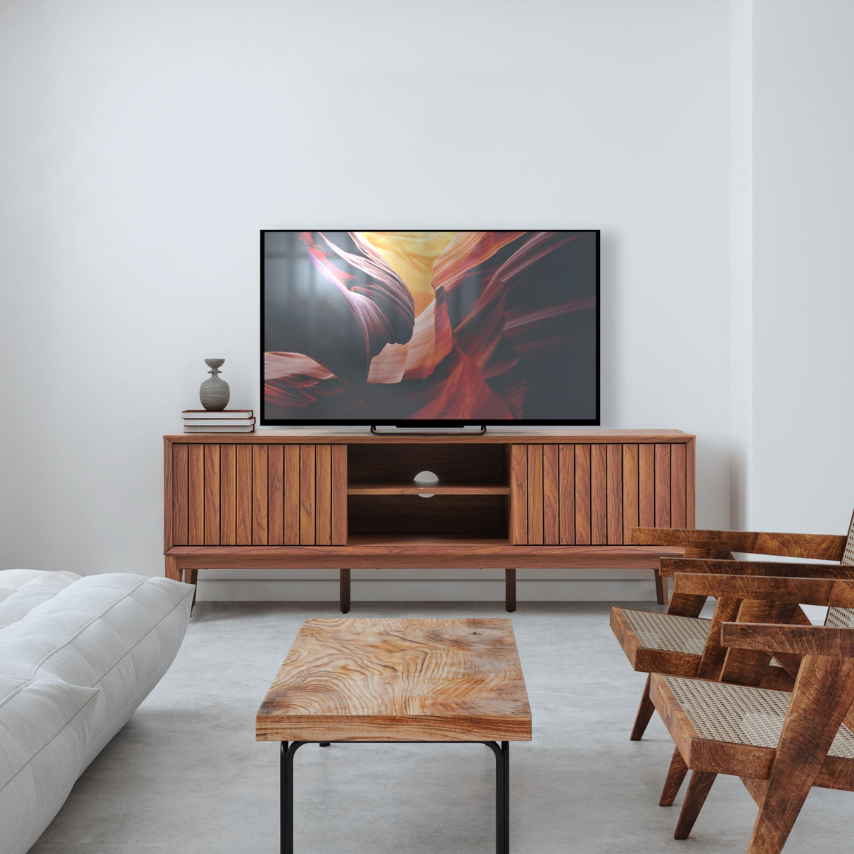JONATHAN Y TVS1000B Gennaro 58 in. Farmhouse 3-Storage Sliding Door TV Stand Fits TVs up to 65 in. with Cable Management, Walnut Entertainment Center with Storage for Living Room, Bedroom