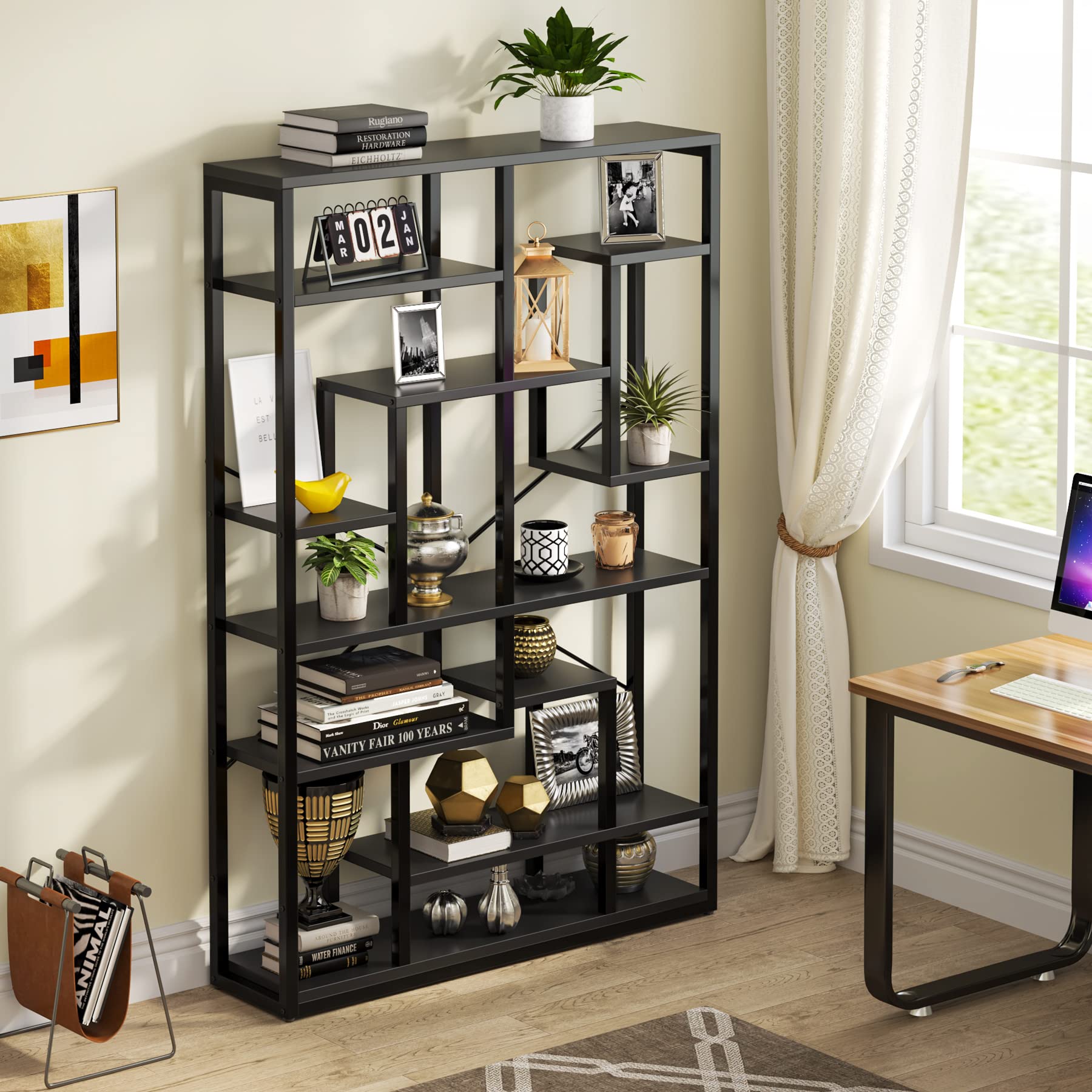 Black Bookshelf 47” Bookcase 9 Tier Tall Book Shelf Rustic Geometric Bookcase Display Shelf Organizer with Open Storage Shelf for Living Room, Industrial Wood Metal Bookshelf for Office