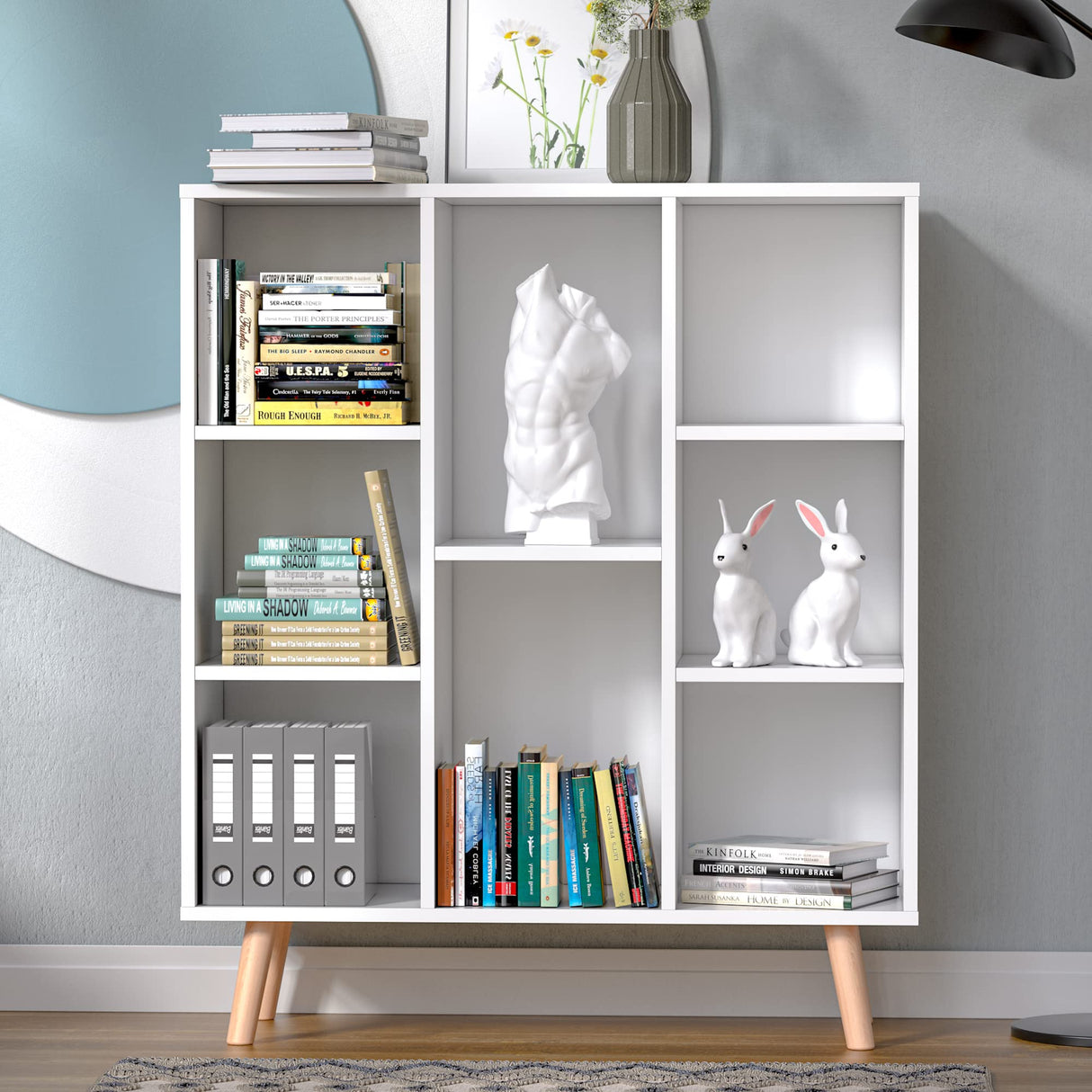 White Small Bookshelf, Wood 8 Cube Storage Organizer Book Shelves