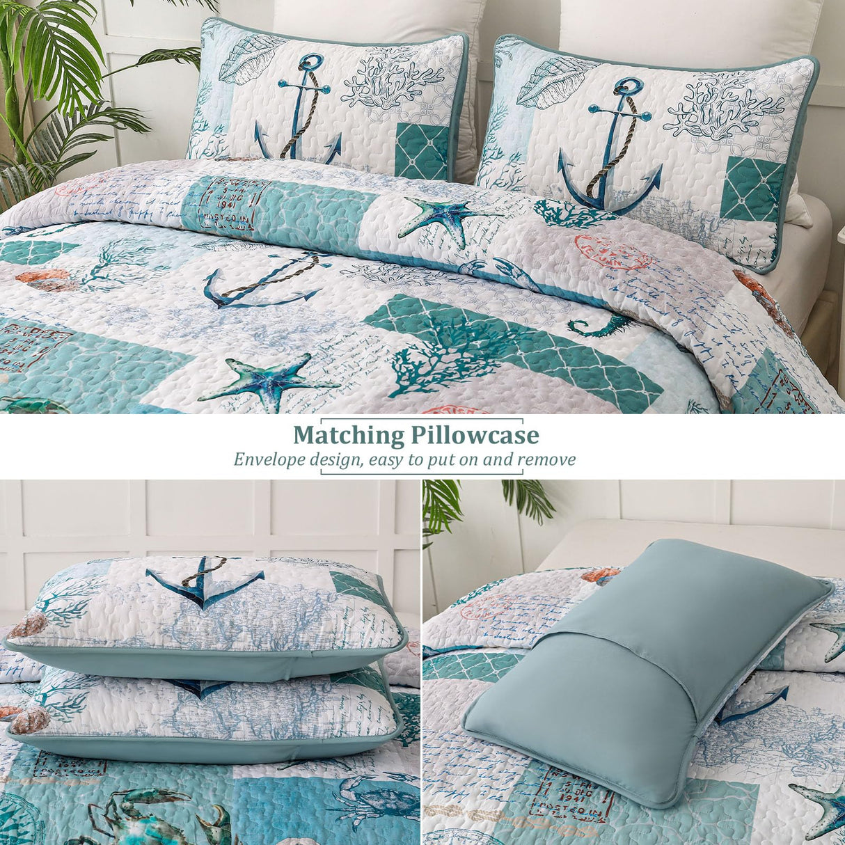 Quilt Set King Size Ocean Bedspread Coverlet Set 3 Piece-Soft Lightweight