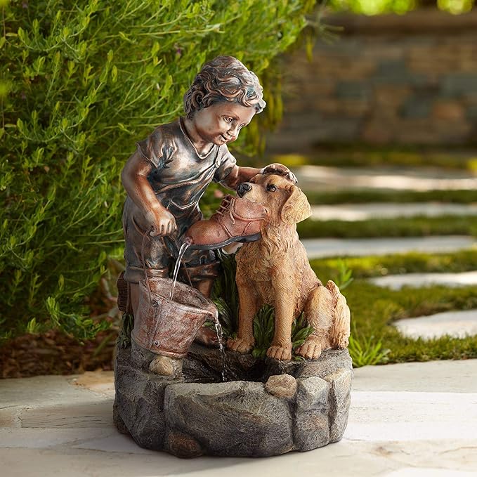 Boy and Girl Under Umbrella Outdoor Floor Water Fountain 40" High Copper Green Bronze Resin for Garden Patio Yard Deck Home Lawn Porch House Relaxation Exterior Balcony Roof - John Timberland