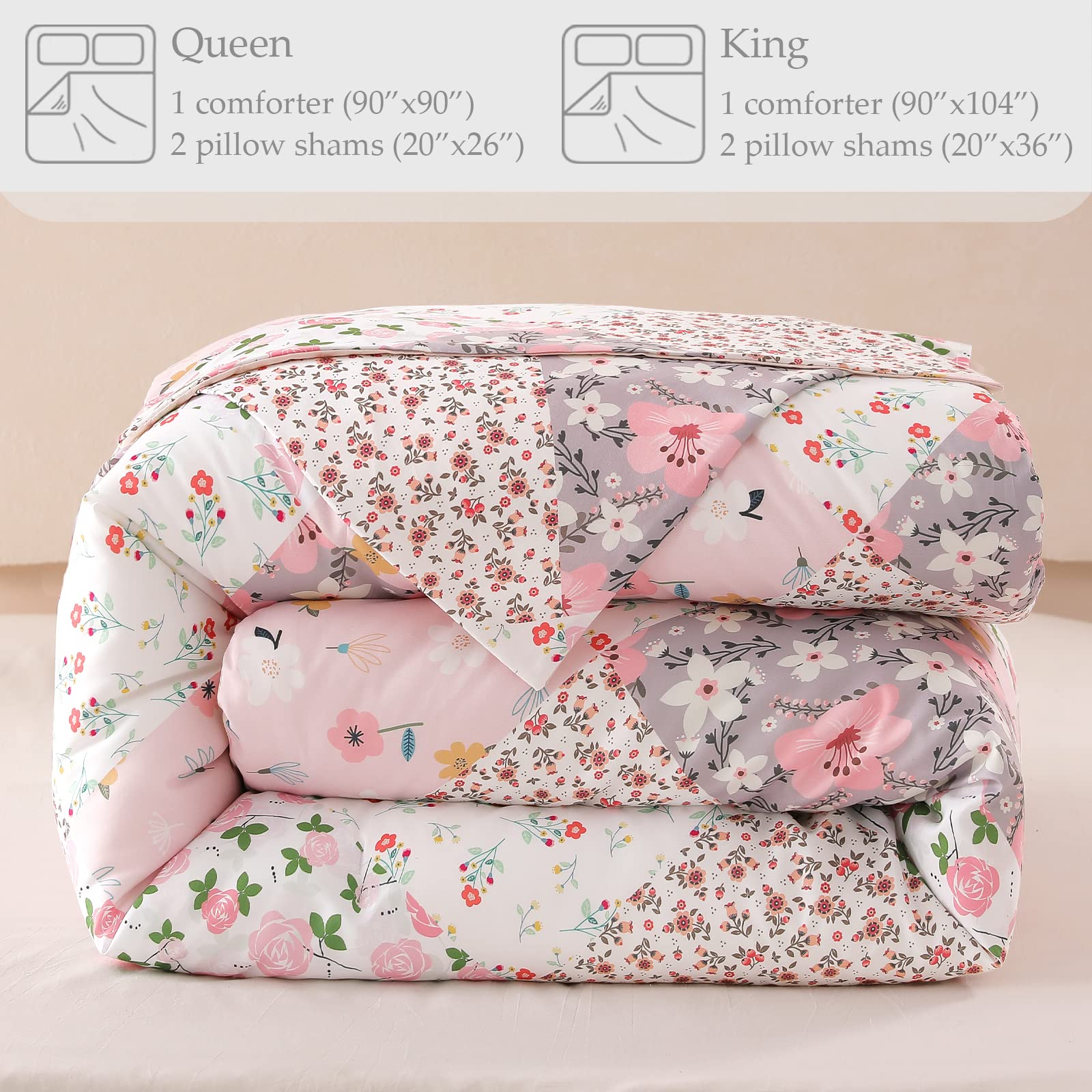 Queen Full Comforter Set, Soft Reversible Pink Bedding Comforter Set