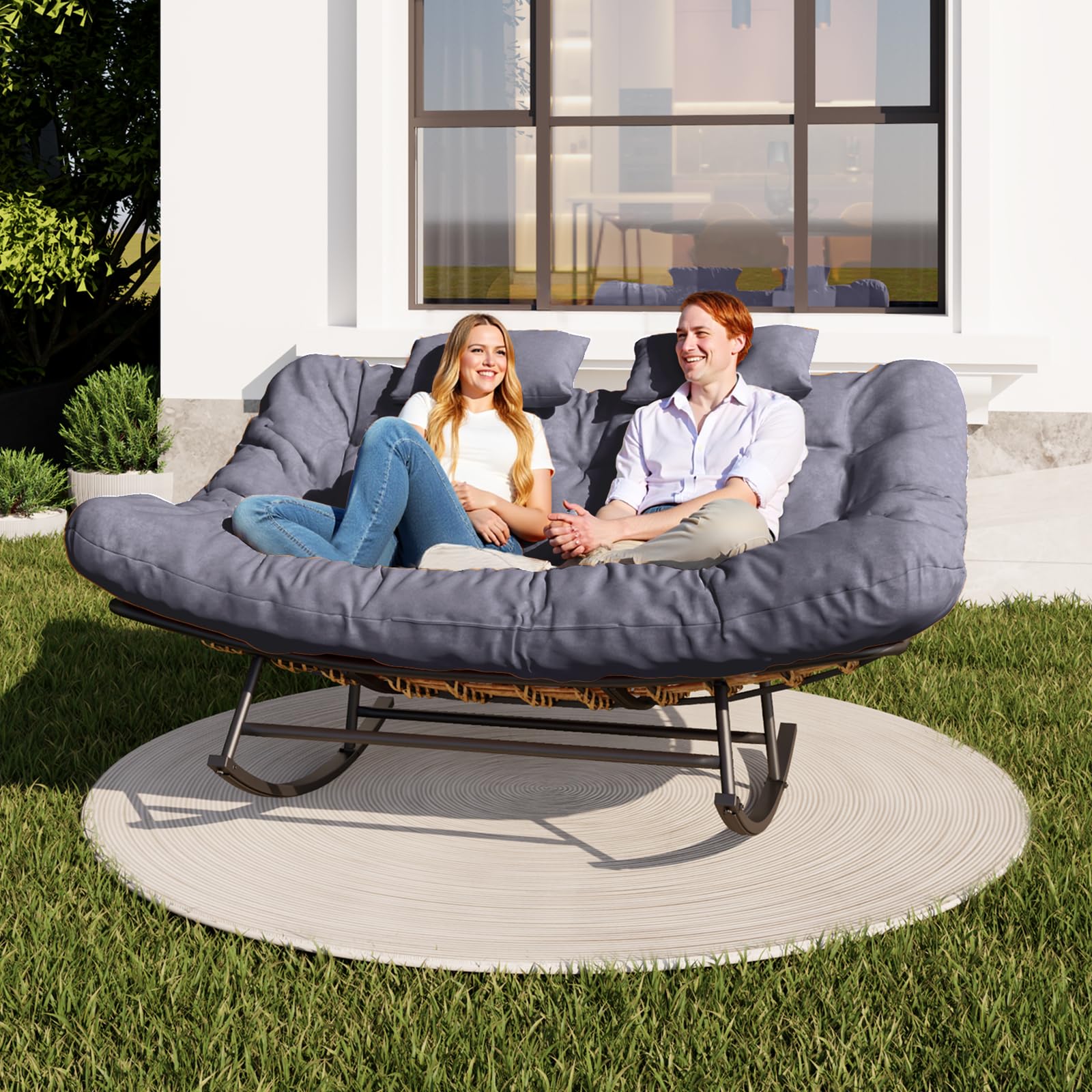Oversized Outdoor Rocking Papasan Chair,Double Patio Rocking Chair for 2-Person