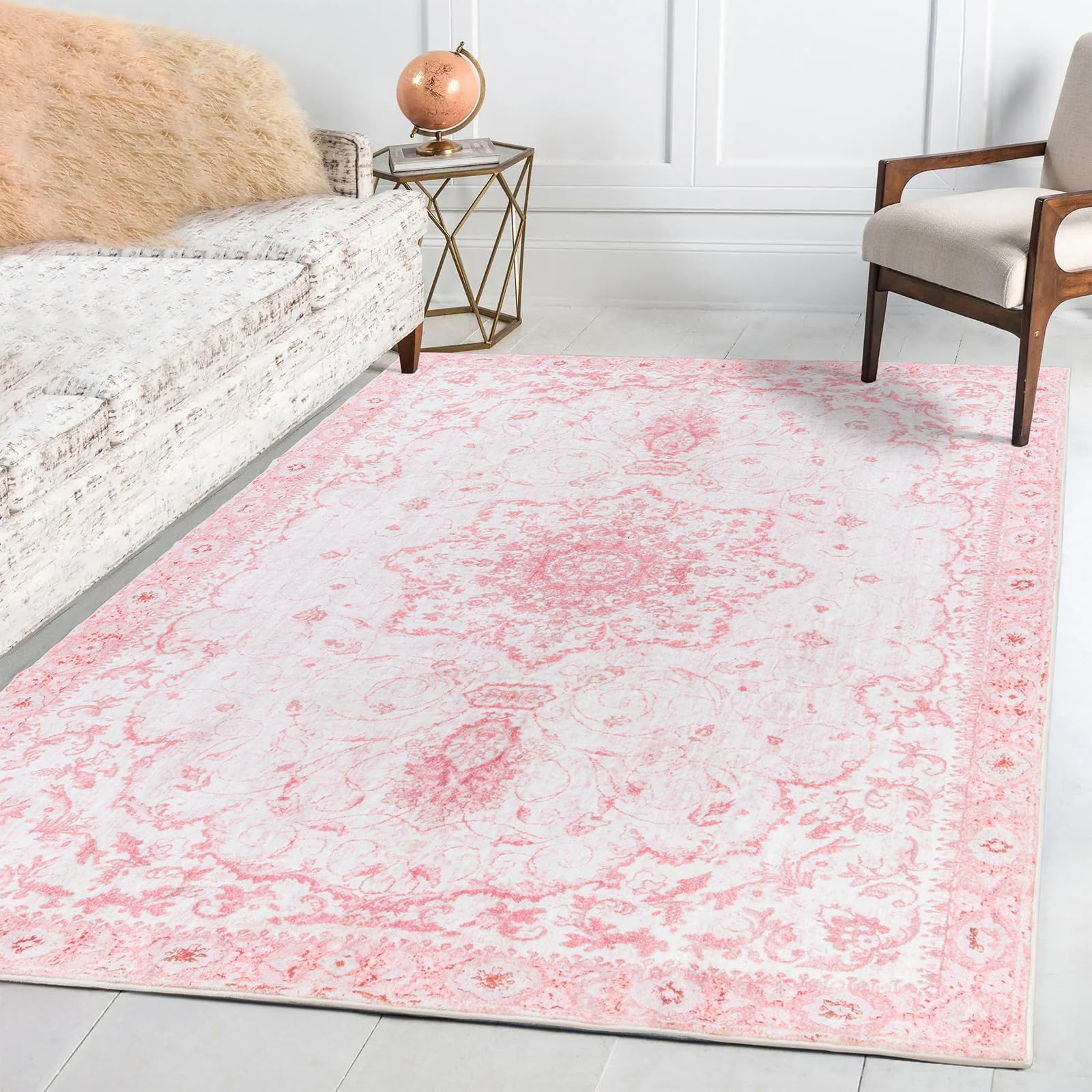 Area Rug - Vintage 5'x7' Honeycomb Non-Slip Backing Area Rugs Pink Soft Faux Wool