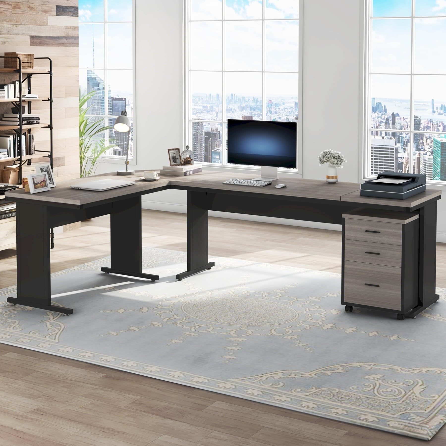 83 Inch L-Shaped Executive Desk with File Cabinet, Large L Shape Computer Desk