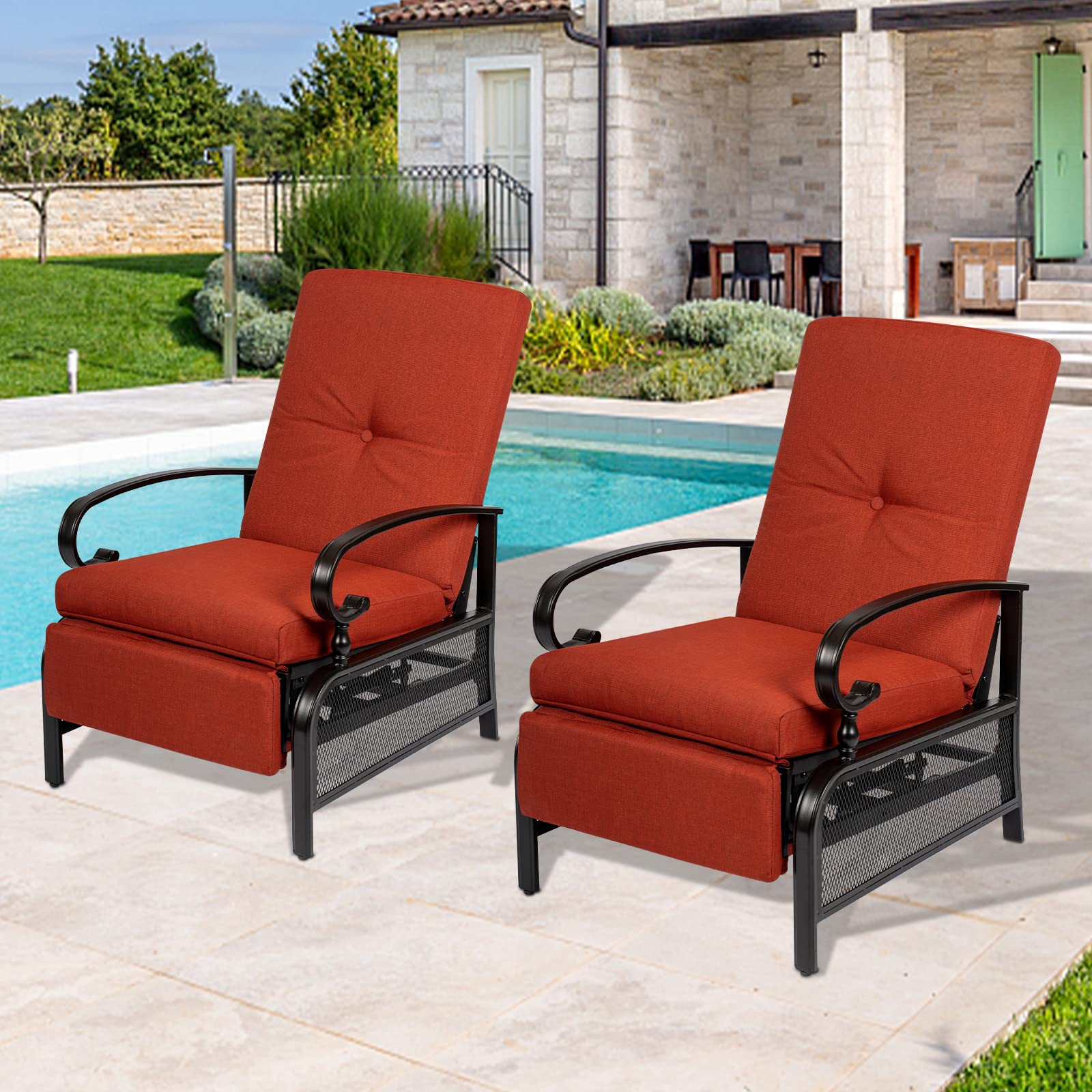 SunEase 2-Pack Outdoor Reclining Lounge Chairs – Push Back Design, Steel Frame & Cushioned Comfort