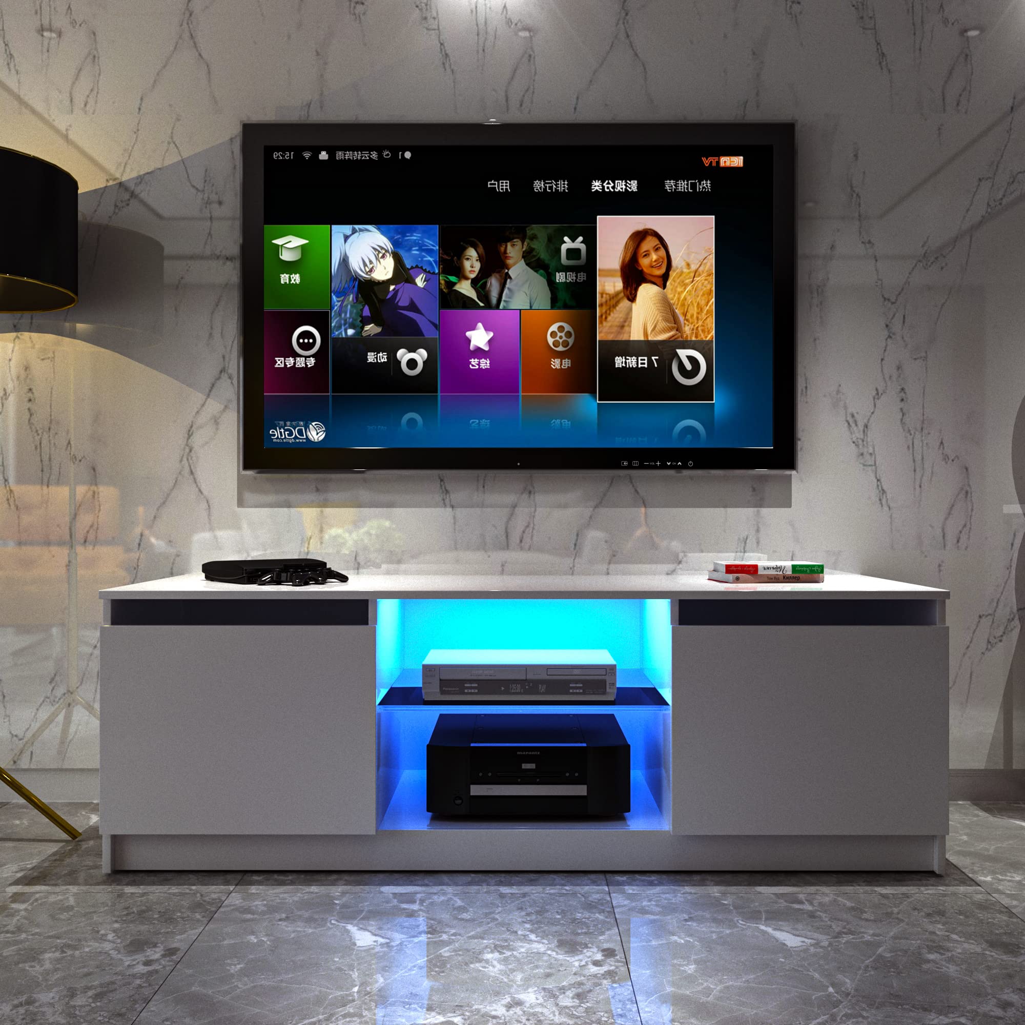 White TV Stand with LED Light for 55 Inch TV, Modern Entertainment Center Stand