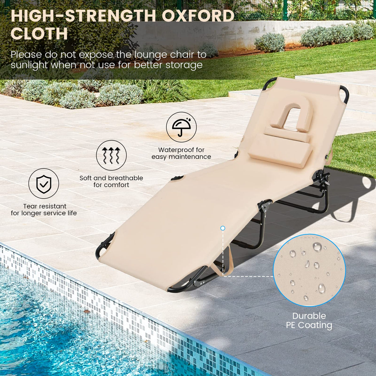 GYMAX Tanning Chair, 350lbs Beach Lounge Chair with Face Hole, Washable Pillow & Carry Strap, Adjustable Folding Chaise Lounge, Layout Chair for Outside, Patio, Poolside, Lawn (1, Beige)