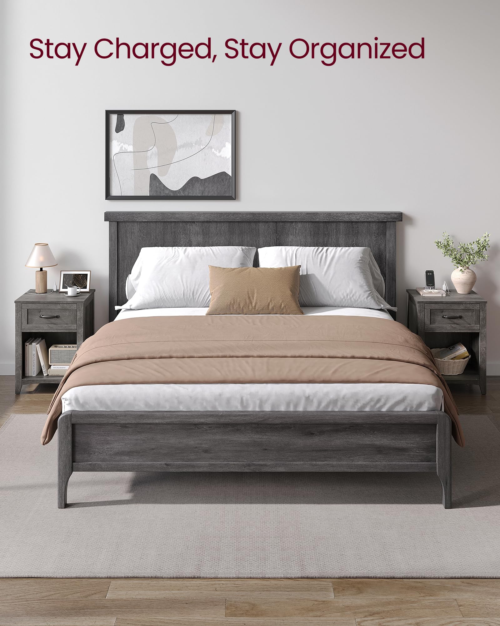 Farmhouse Nightstand with Charging Station, Bedside Table with Drawer