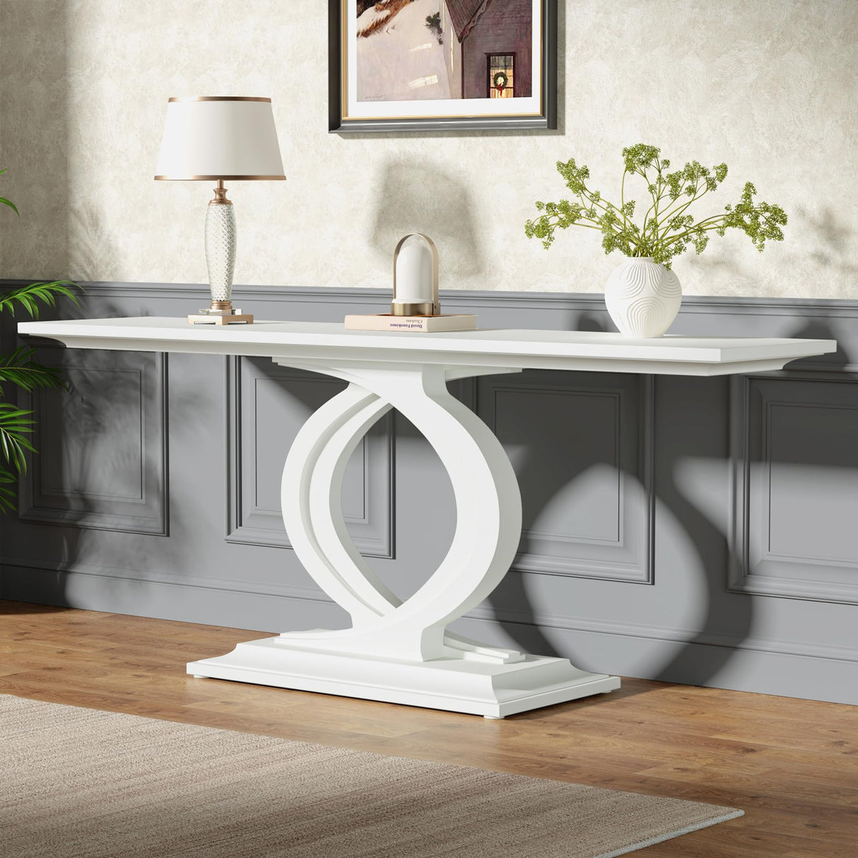 59 Inches Console Table for Entryway, White Farmhouse Console Table for Living Room