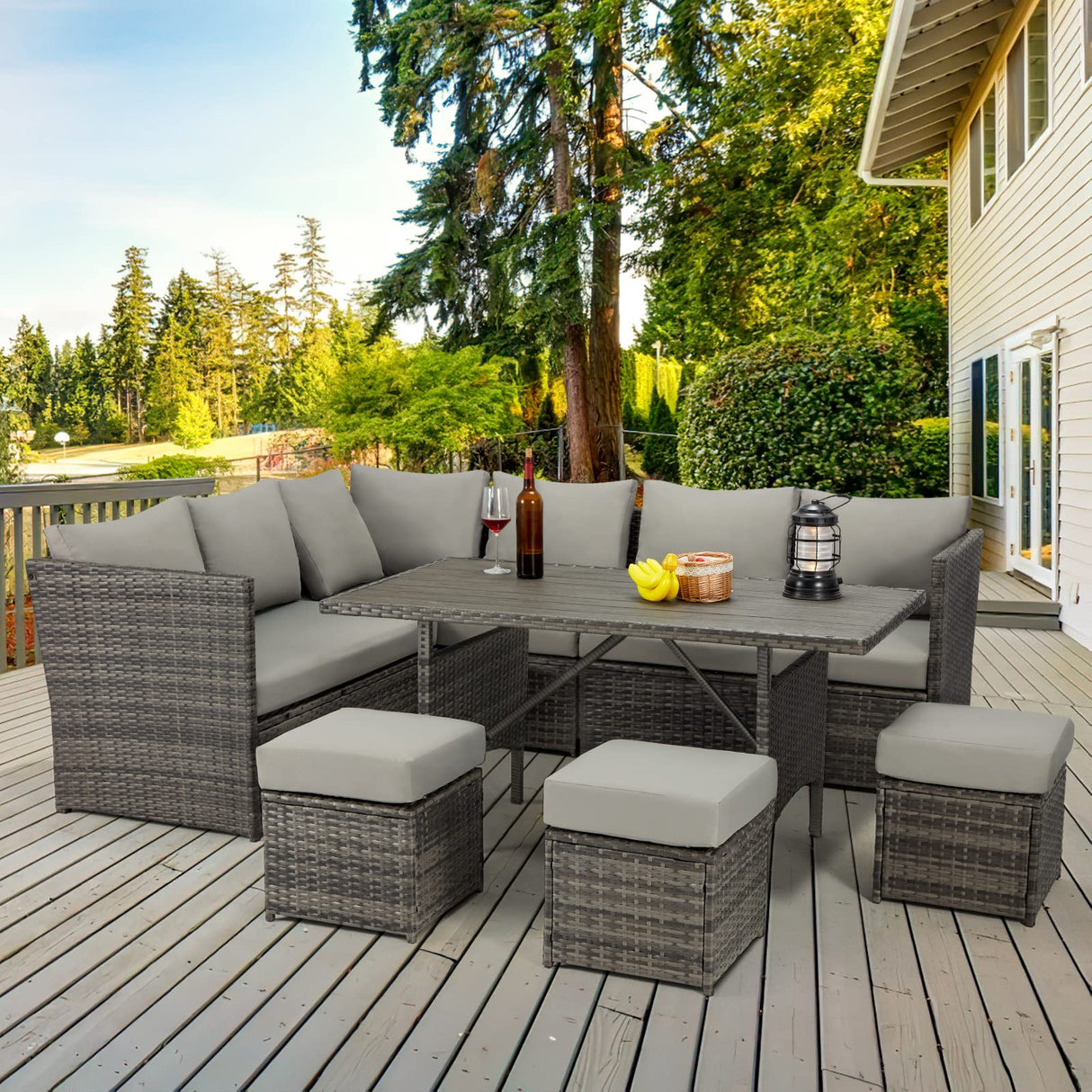 Wicker Outdoor Dining Table, 54” Metal Frame Table for Patio Furniture or Indoor (Grey)