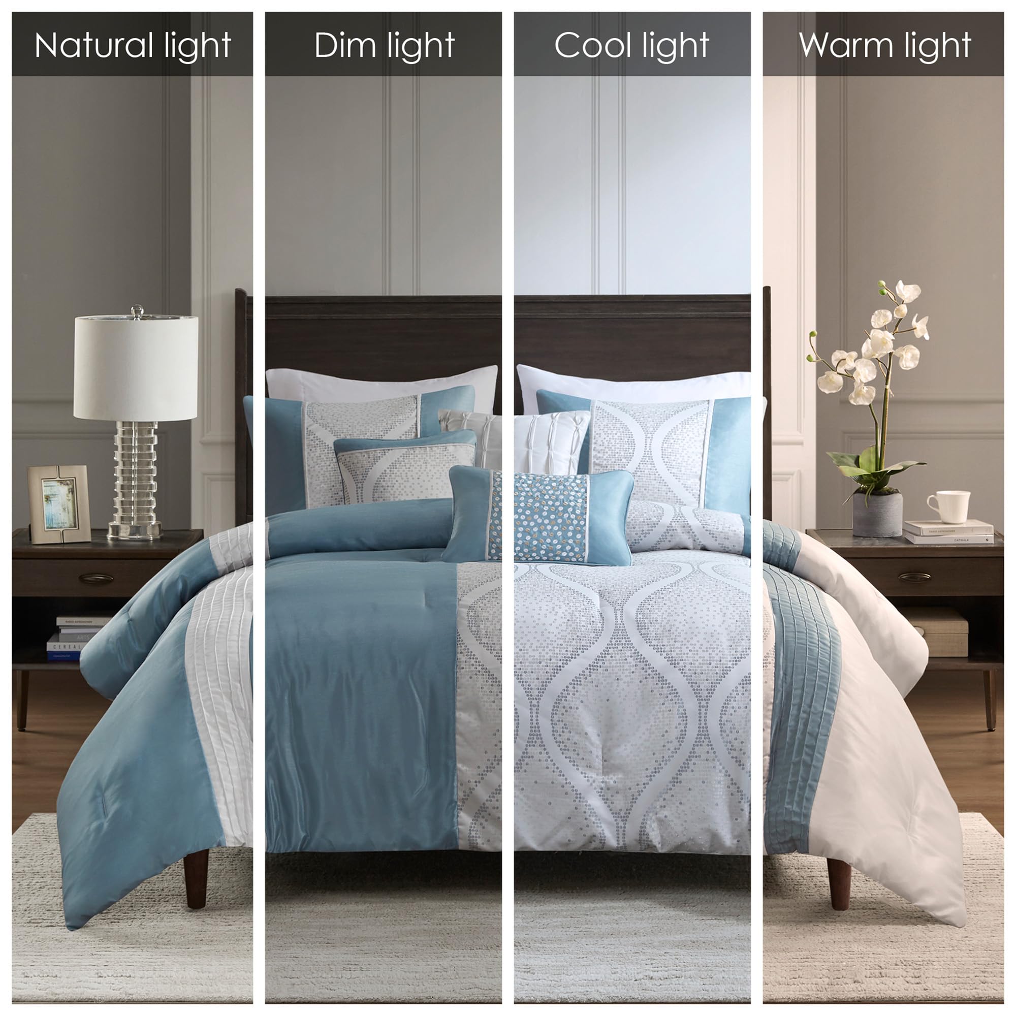 Jacquard Queen Comforter Set - Ogee Print with Pleated Trims - 6 Piece Bedding Set