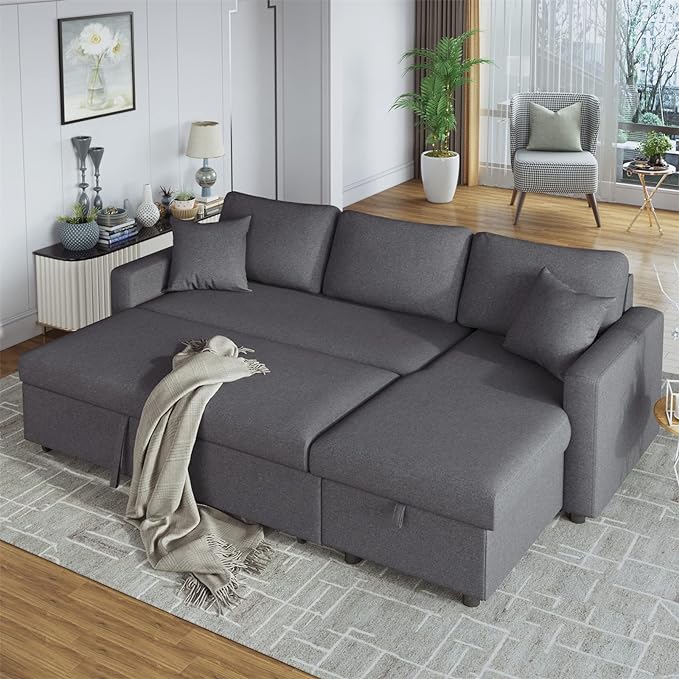 87.4'' Reversible Sleeper Sectional Sofa Couch with Pull-Out Sleeper Bed, L-Shape 3-Seater Convertible Corner