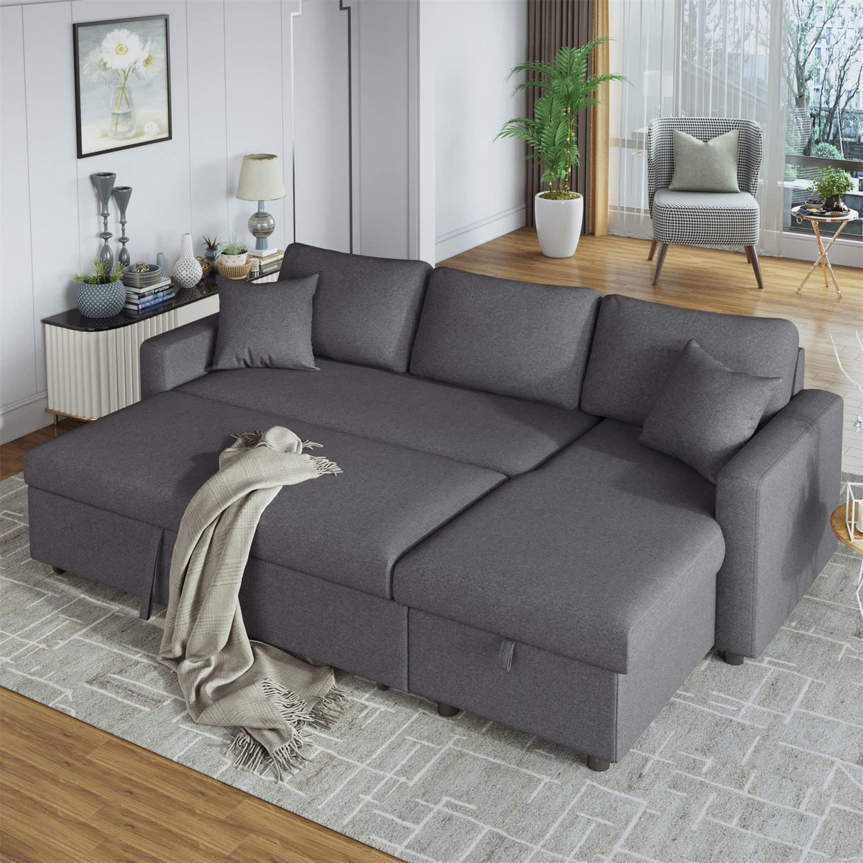 87.4'' Reversible Sleeper Sectional Sofa Couch with Pull-Out Sleeper Bed, L-Shape 3-Seater Convertible Corner