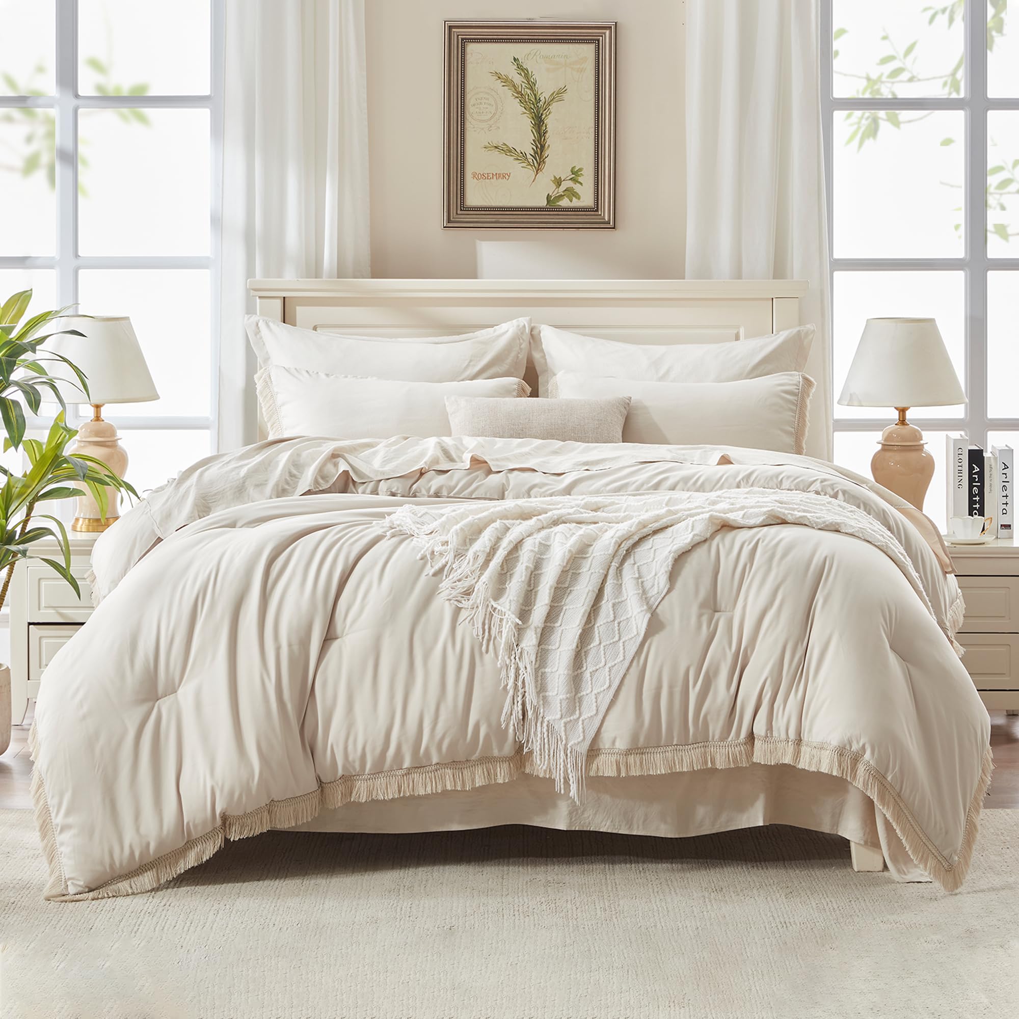 Beige Comforter Set King Size with Sheets -7 Pieces Boho Tassel Bed in a Bag Soft
