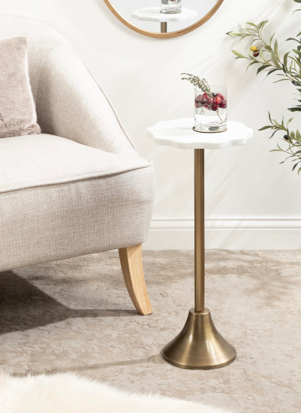 Modern Pedestal Drink Table, 10 x 10 x 23, Antique Brass and White, Decorative End Table