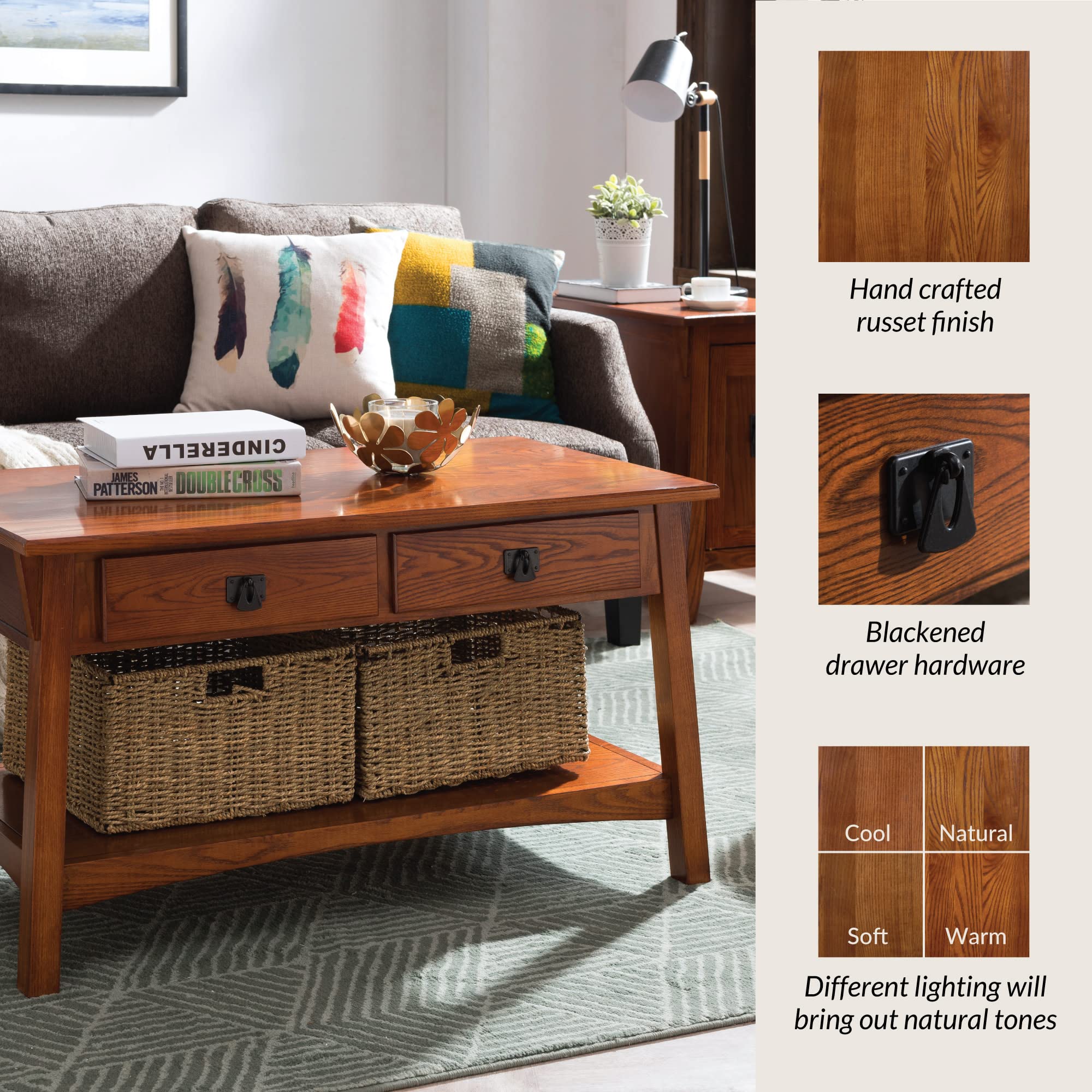 10055-RS Mission Coffee Table for Living Room, Two Drawers and Shelf